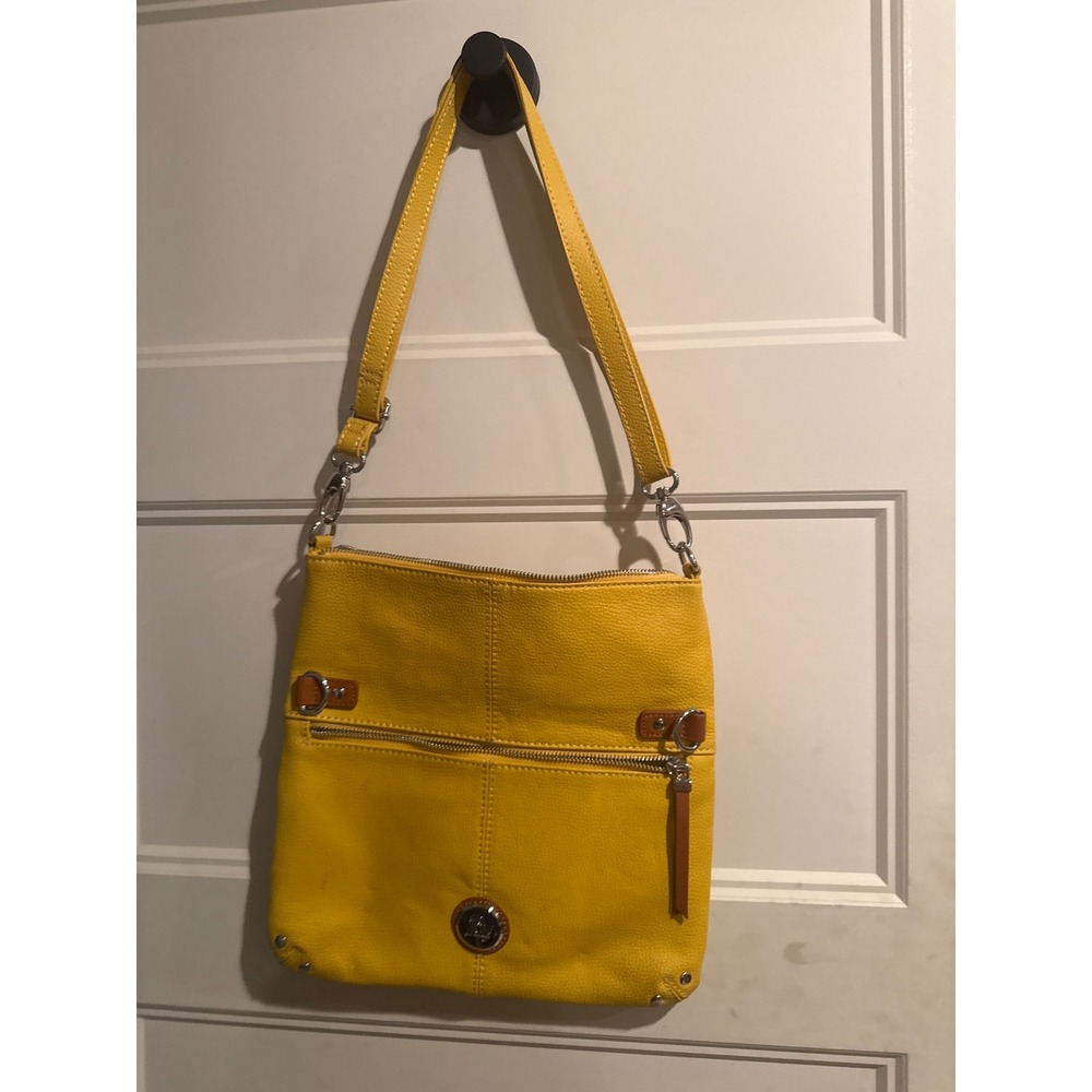 Joy Mangano Yellow Pebbled 100% Leather Crossbody Silver Hardware Slim Messenger